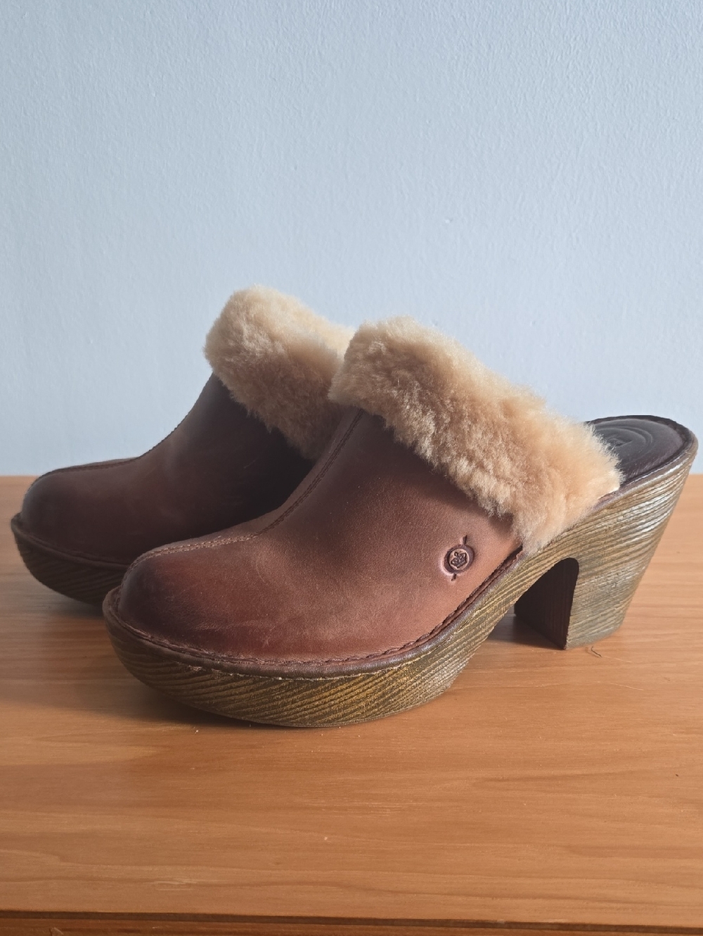 Born Hope Brown Leather Platform Clogs w/Shearling Lining Size 10